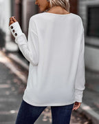 Solid V-Neck Top with Button Details and Long Sleeves