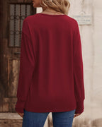 Solid V-Neck Top with Button Details and Long Sleeves