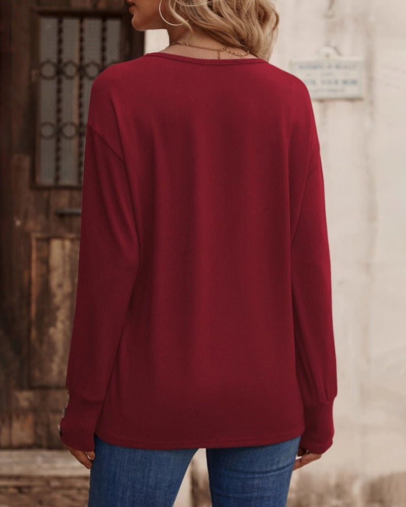 Solid V-Neck Top with Button Details and Long Sleeves