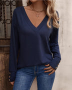 Solid V-Neck Top with Button Details and Long Sleeves