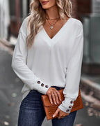 Solid V-Neck Top with Button Details and Long Sleeves