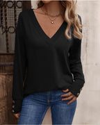 Solid V-Neck Top with Button Details and Long Sleeves