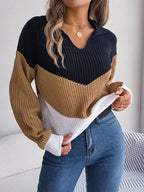 Easygoing V-Neck Striped Patchwork Sweater