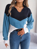 Easygoing V-Neck Striped Patchwork Sweater