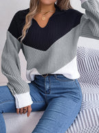 Easygoing V-Neck Striped Patchwork Sweater