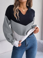 Easygoing V-Neck Striped Patchwork Sweater