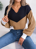 Easygoing V-Neck Striped Patchwork Sweater