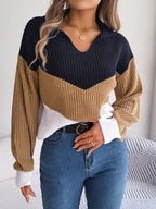 Easygoing V-Neck Striped Patchwork Sweater
