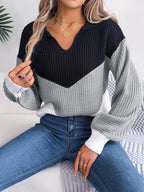 Easygoing V-Neck Striped Patchwork Sweater
