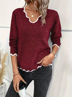 Elin | Chic V-Neck Sweater with Scalloped Accents and Long Sleeves