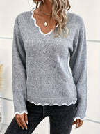 Elin | Chic V-Neck Sweater with Scalloped Accents and Long Sleeves