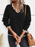 Elin | Chic V-Neck Sweater with Scalloped Accents and Long Sleeves