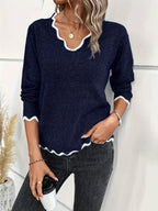 Elin | Chic V-Neck Sweater with Scalloped Accents and Long Sleeves