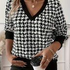Elise | Chic Houndstooth V-Neck Sweatshirt