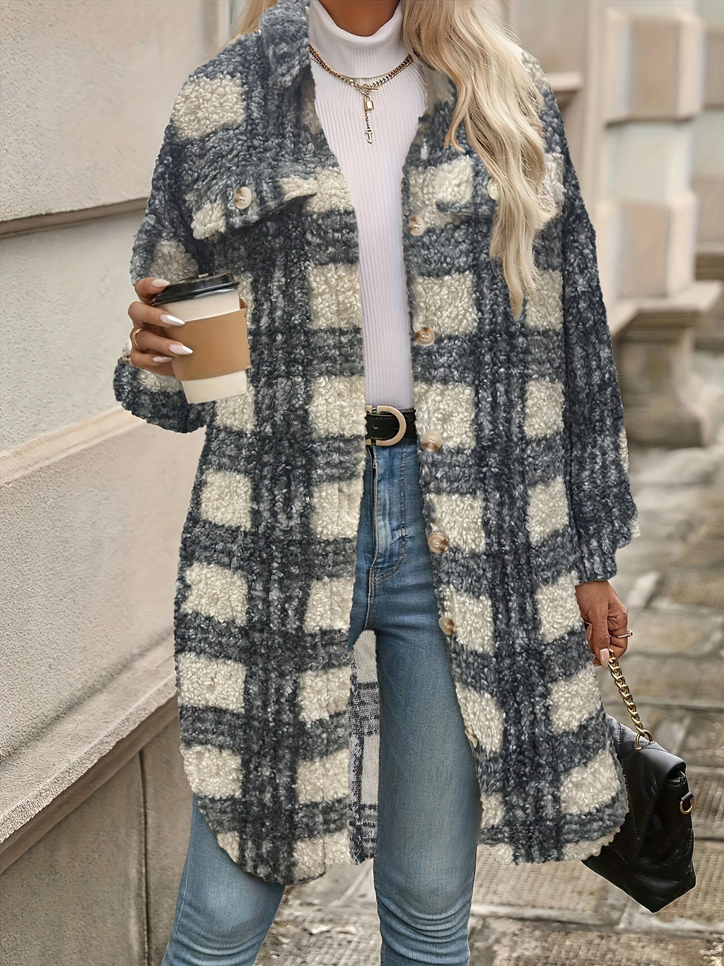 Emma | Fuzzy Patterned Checked Button Coat