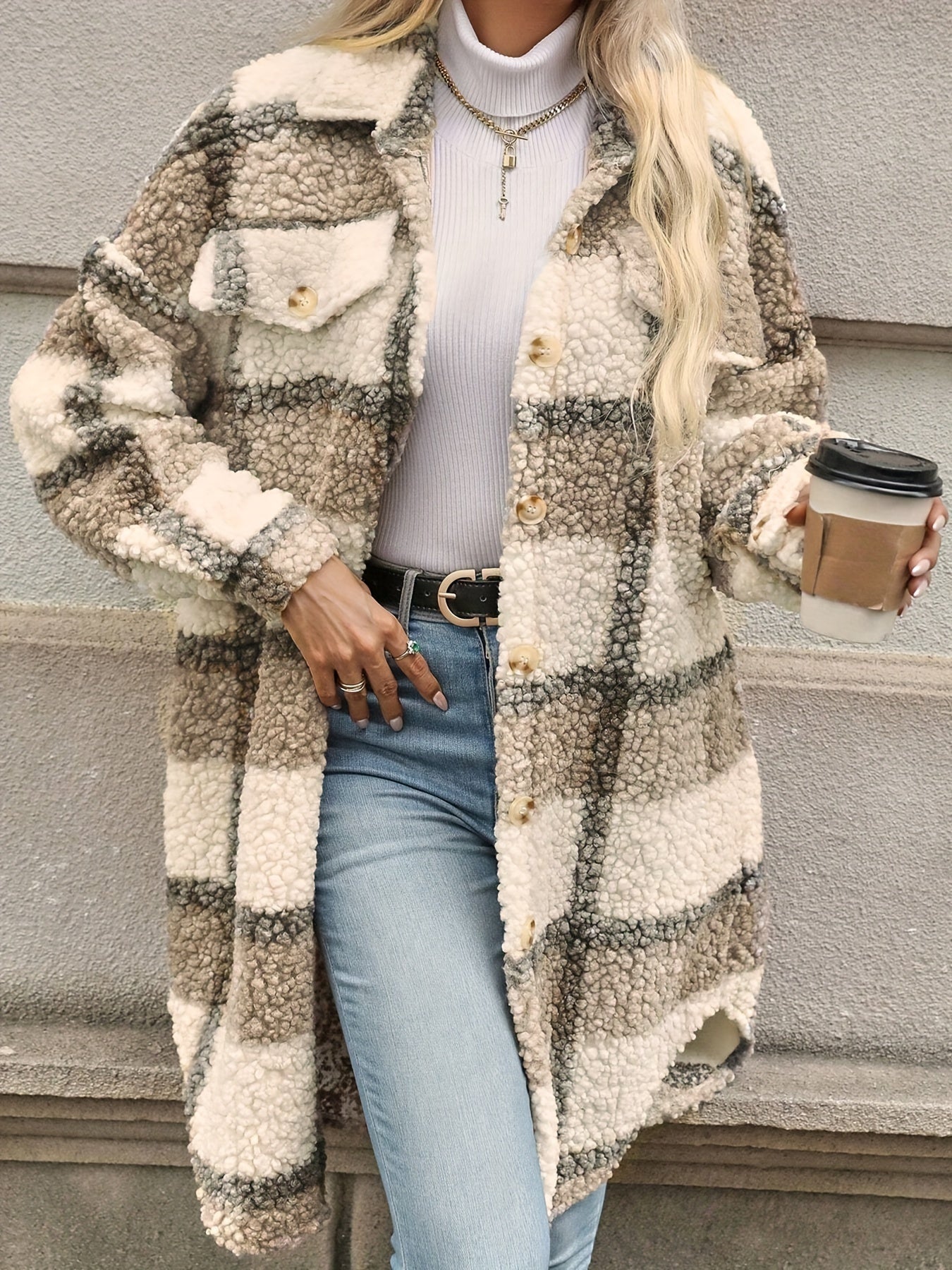 Emma | Fuzzy Patterned Checked Button Coat