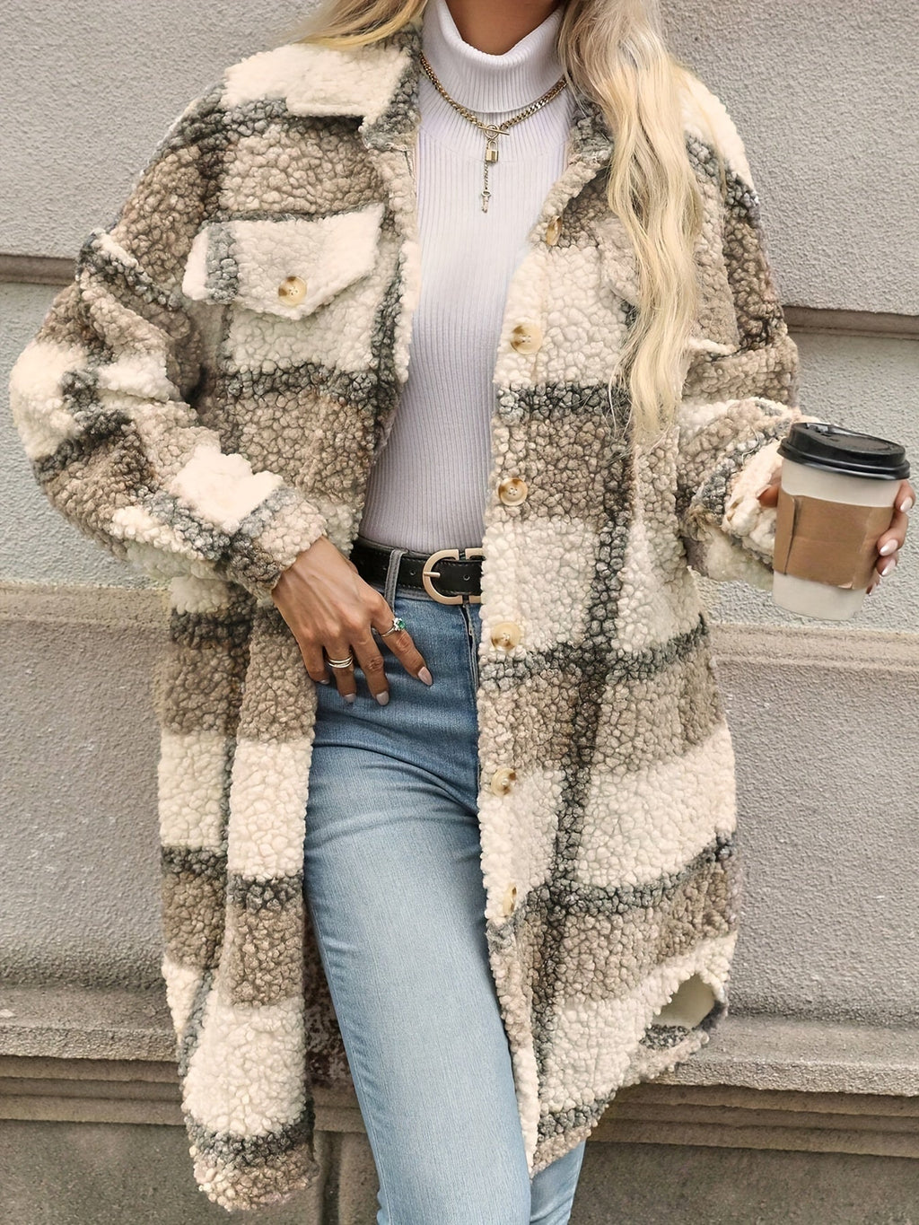 Emma | Fuzzy Patterned Checked Button Coat