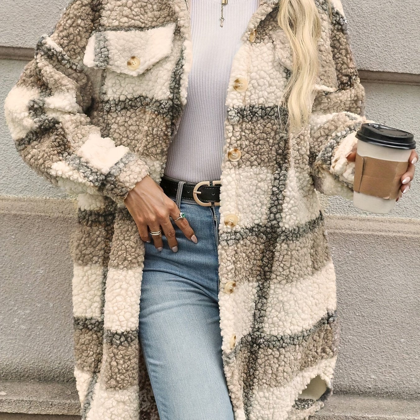 Emma | Fuzzy Patterned Checked Button Coat