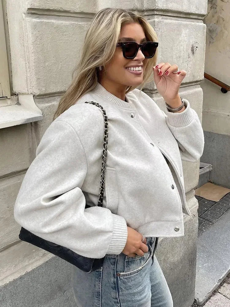 Womens Wool Blend Bomber Jacket – Button Closure & Ribbed Cuffs – Casual Chic Style