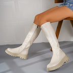 Women's White Knee-High Zip Boots with Non-Slip Sole