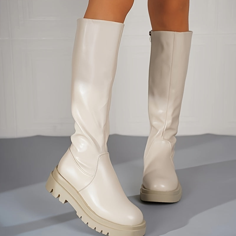 Women's White Knee-High Zip Boots with Non-Slip Sole