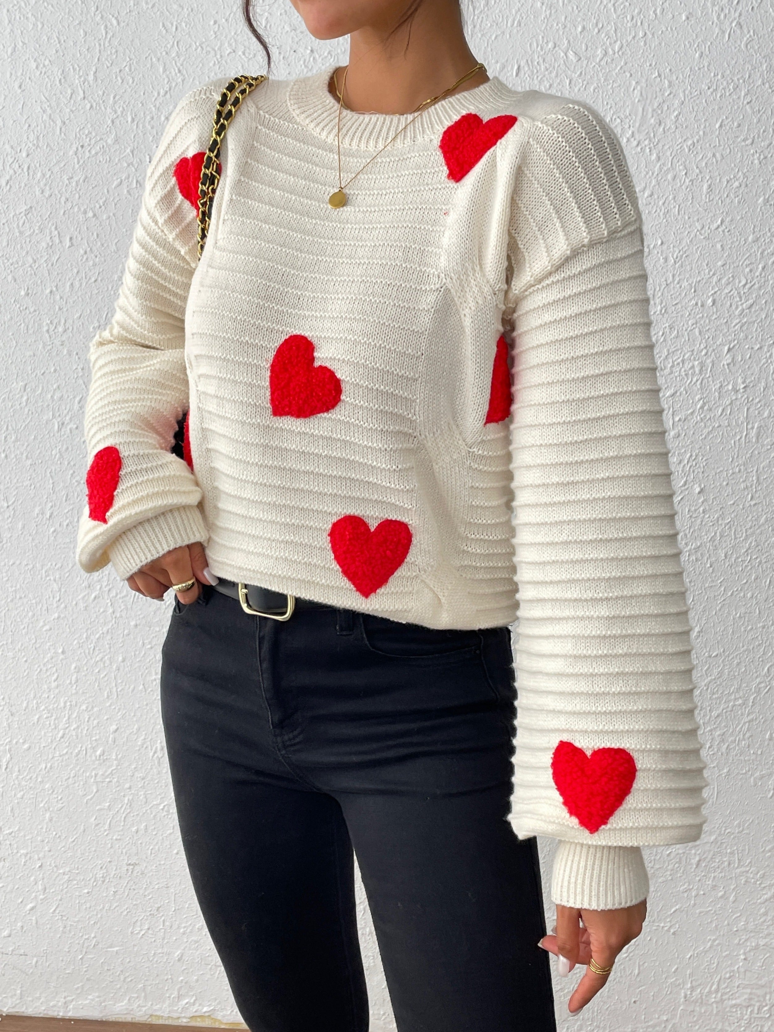 Fien | Chic Cable-Knit Sweater with Heart Design and Balloon Sleeves