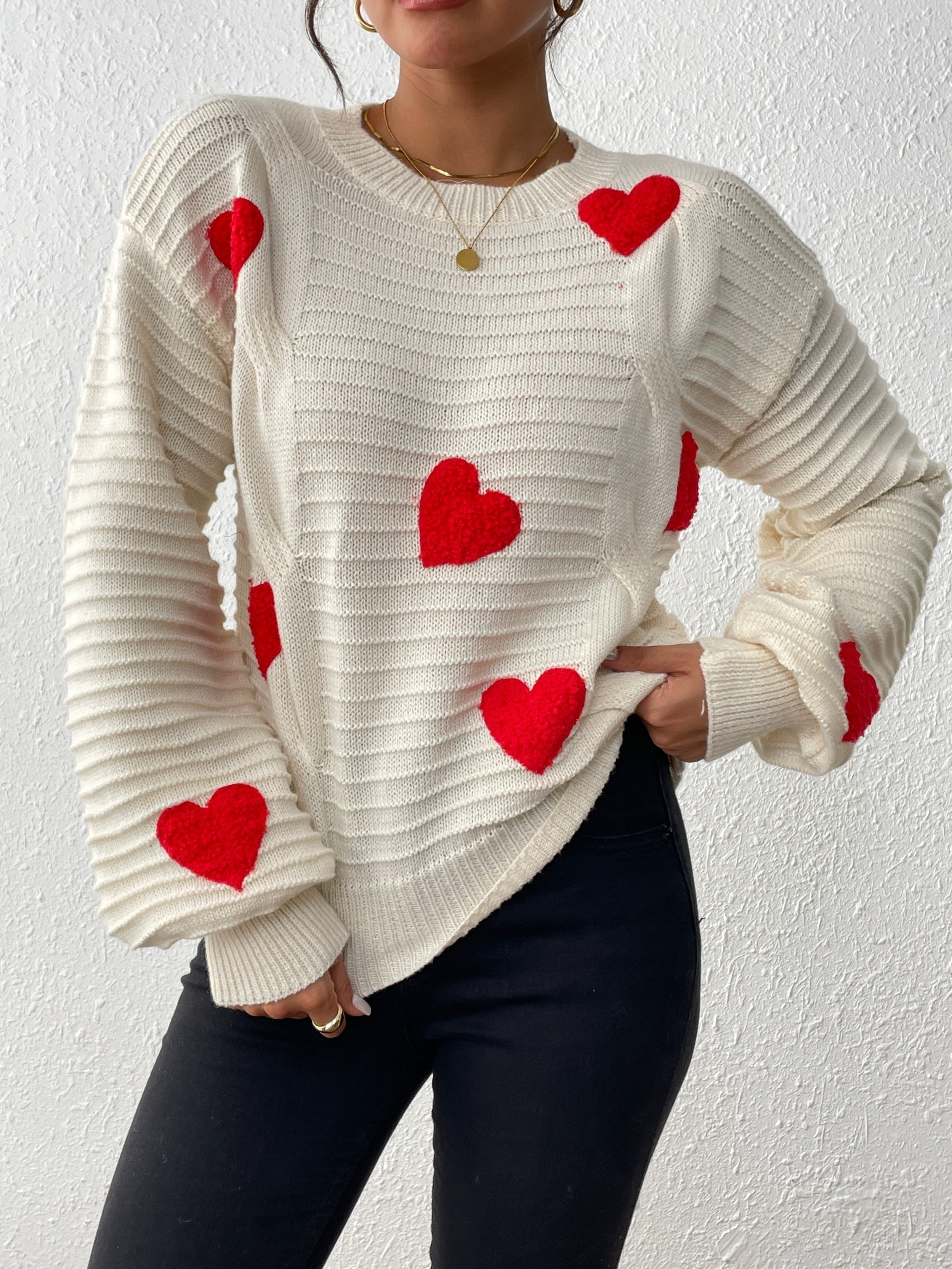 Fien | Chic Cable-Knit Sweater with Heart Design and Balloon Sleeves