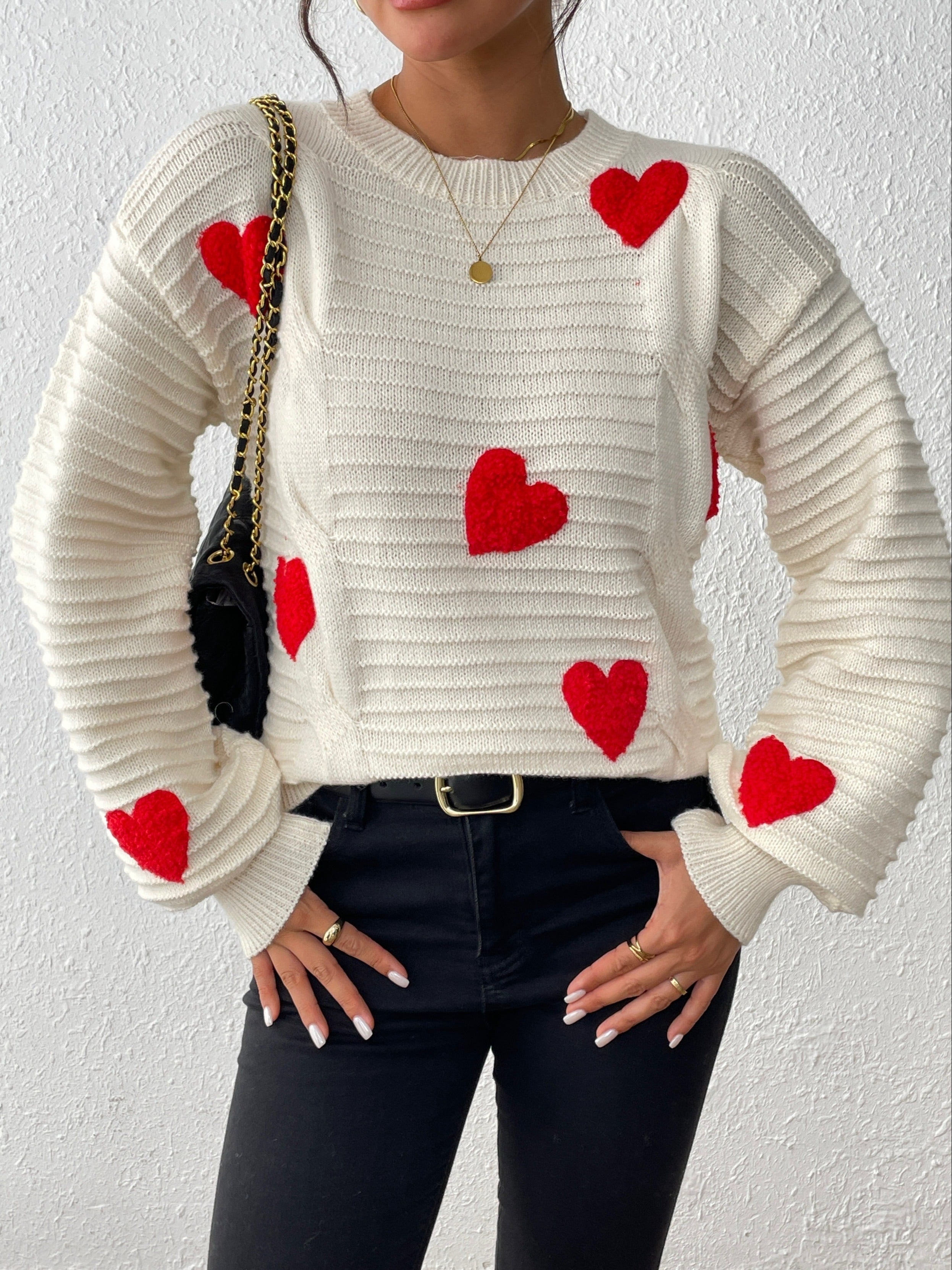 Fien | Chic Cable-Knit Sweater with Heart Design and Balloon Sleeves
