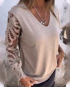 Lace-Trimmed V-Neck Cropped Sweater