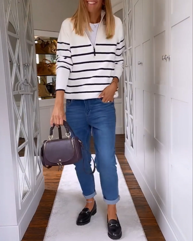 Zippered Striped Sweater