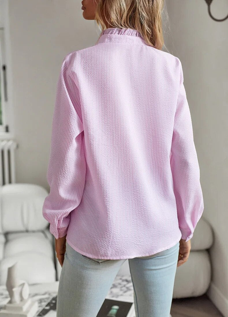 Jamie - Ruffled Blouse with Stand-Up Collar