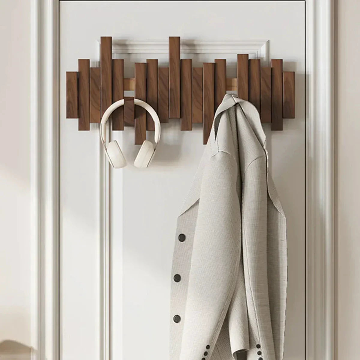 Contemporary Piano-Inspired Coat Rack Crafted from Walnut and Beech Wood