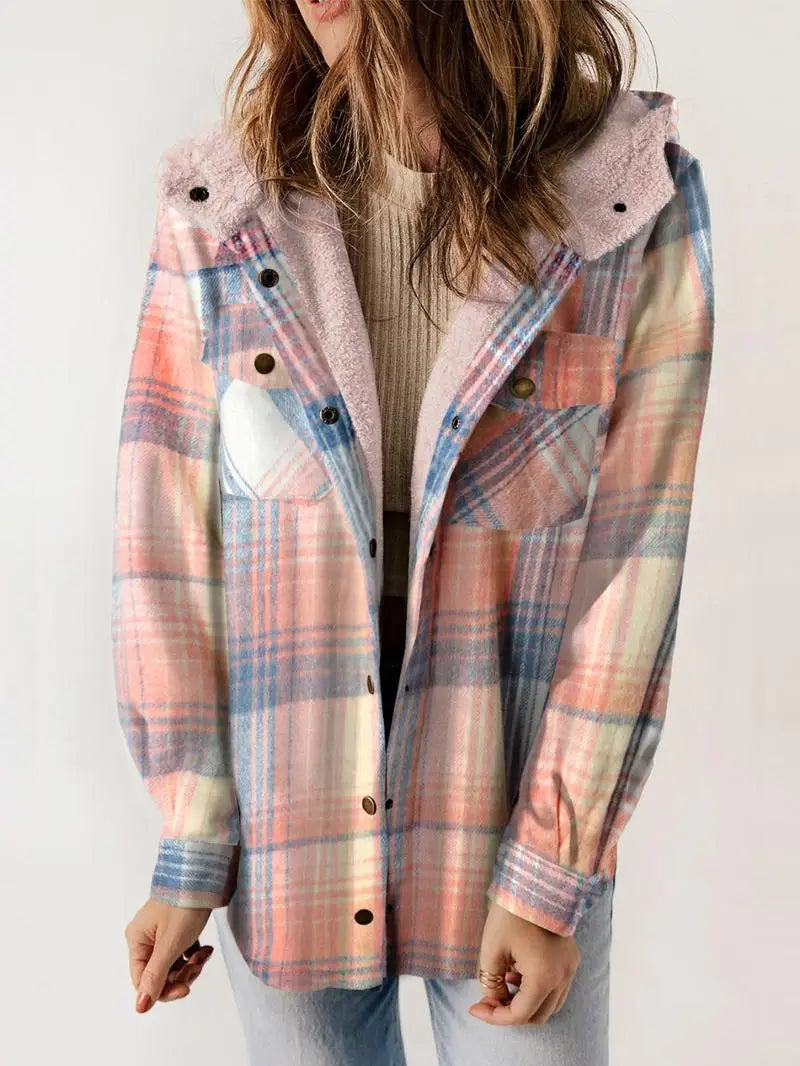 Women's Hooded Checked Teddy Coat for Winter