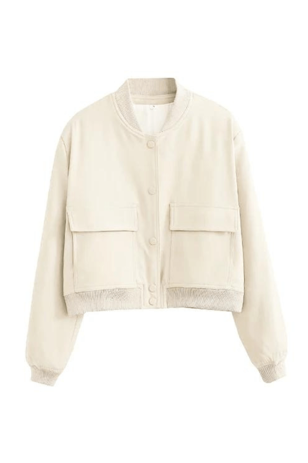 Womens Cropped Bomber Jacket with Button Closure, Flap Pockets, and Ribbed Cuffs