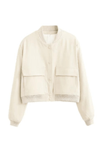 Womens Cropped Bomber Jacket with Button Closure, Flap Pockets, and Ribbed Cuffs