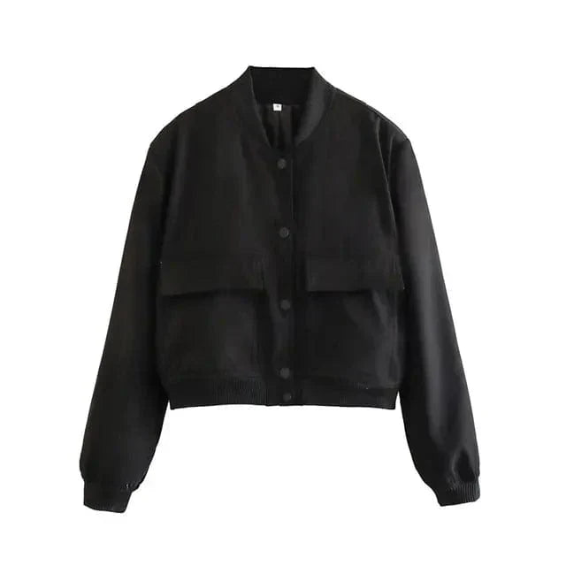 Womens Cropped Bomber Jacket with Button Closure, Flap Pockets, and Ribbed Cuffs