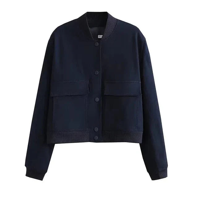 Womens Cropped Bomber Jacket with Button Closure, Flap Pockets, and Ribbed Cuffs