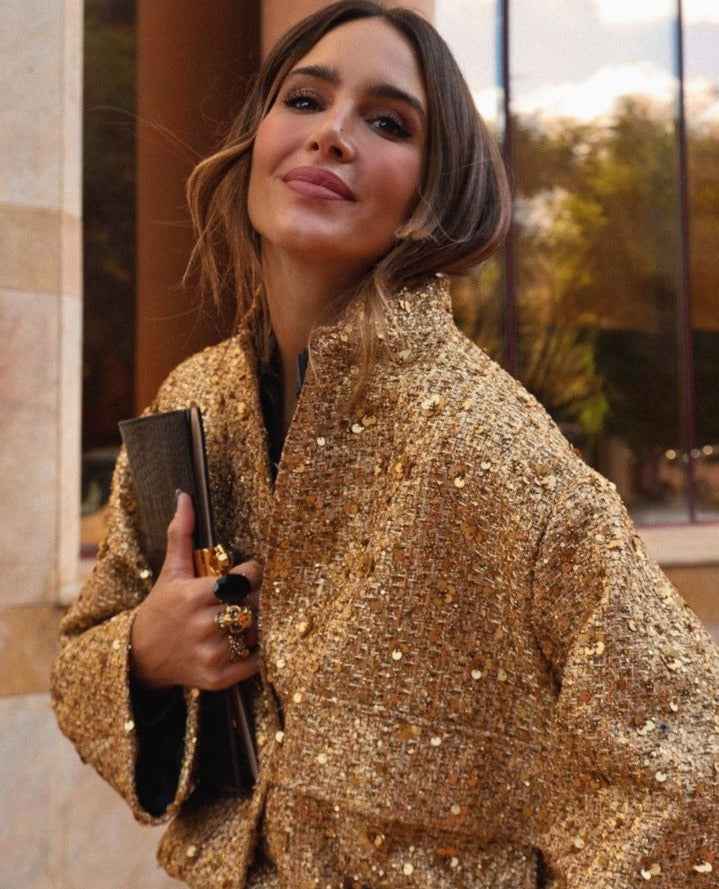 Stylish Women's Jacket Adorned with Golden Glitter Sequins