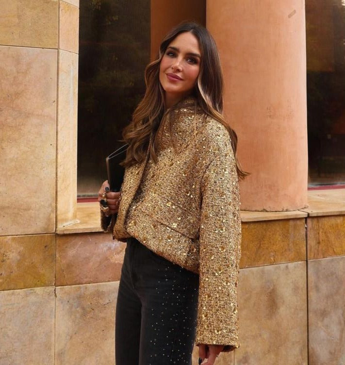 Stylish Women's Jacket Adorned with Golden Glitter Sequins
