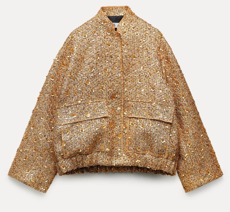 Stylish Women's Jacket Adorned with Golden Glitter Sequins