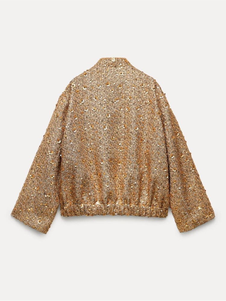 Stylish Women's Jacket Adorned with Golden Glitter Sequins