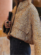 Stylish Women's Jacket Adorned with Golden Glitter Sequins