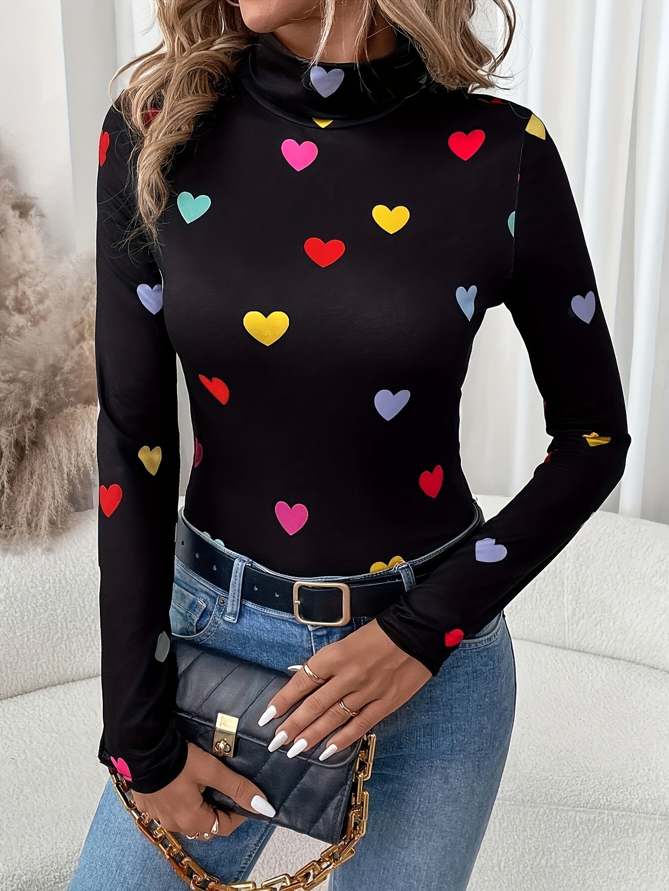 Jeanette | Stylish Long Sleeve High Neck T-Shirt with Valentine's Day Heart Print