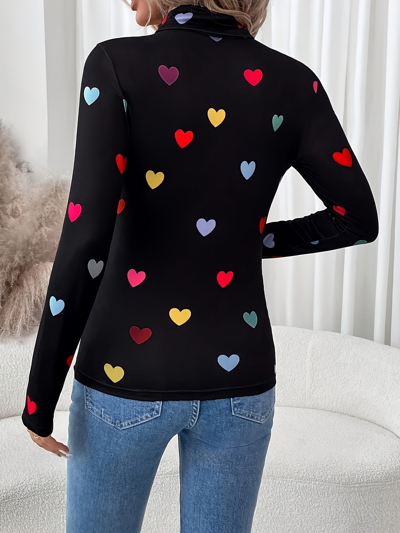 Jeanette | Stylish Long Sleeve High Neck T-Shirt with Valentine's Day Heart Print