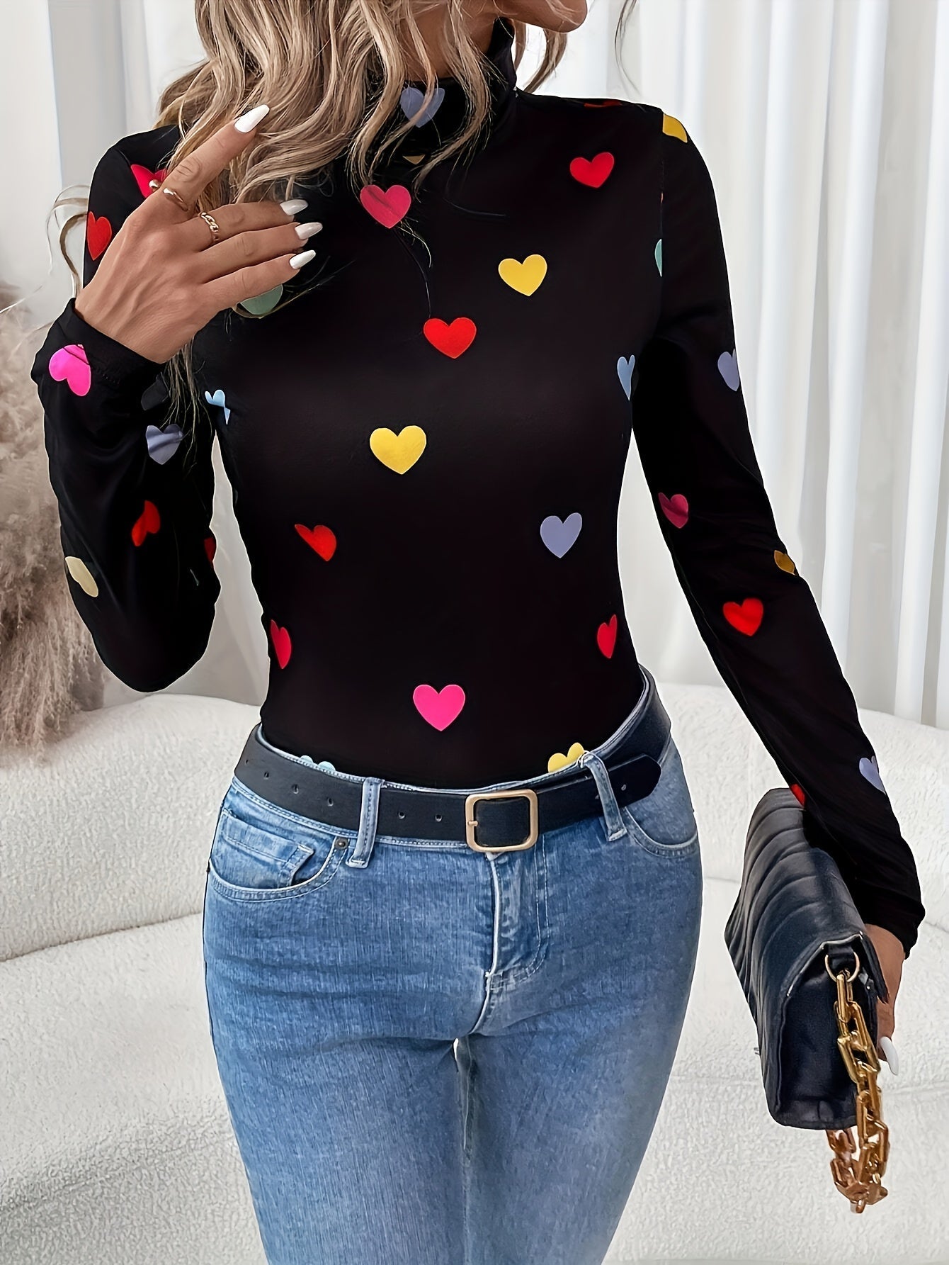 Jeanette | Stylish Long Sleeve High Neck T-Shirt with Valentine's Day Heart Print