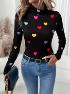 Jeanette | Stylish Long Sleeve High Neck T-Shirt with Valentine's Day Heart Print