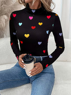 Jeanette | Stylish Long Sleeve High Neck T-Shirt with Valentine's Day Heart Print
