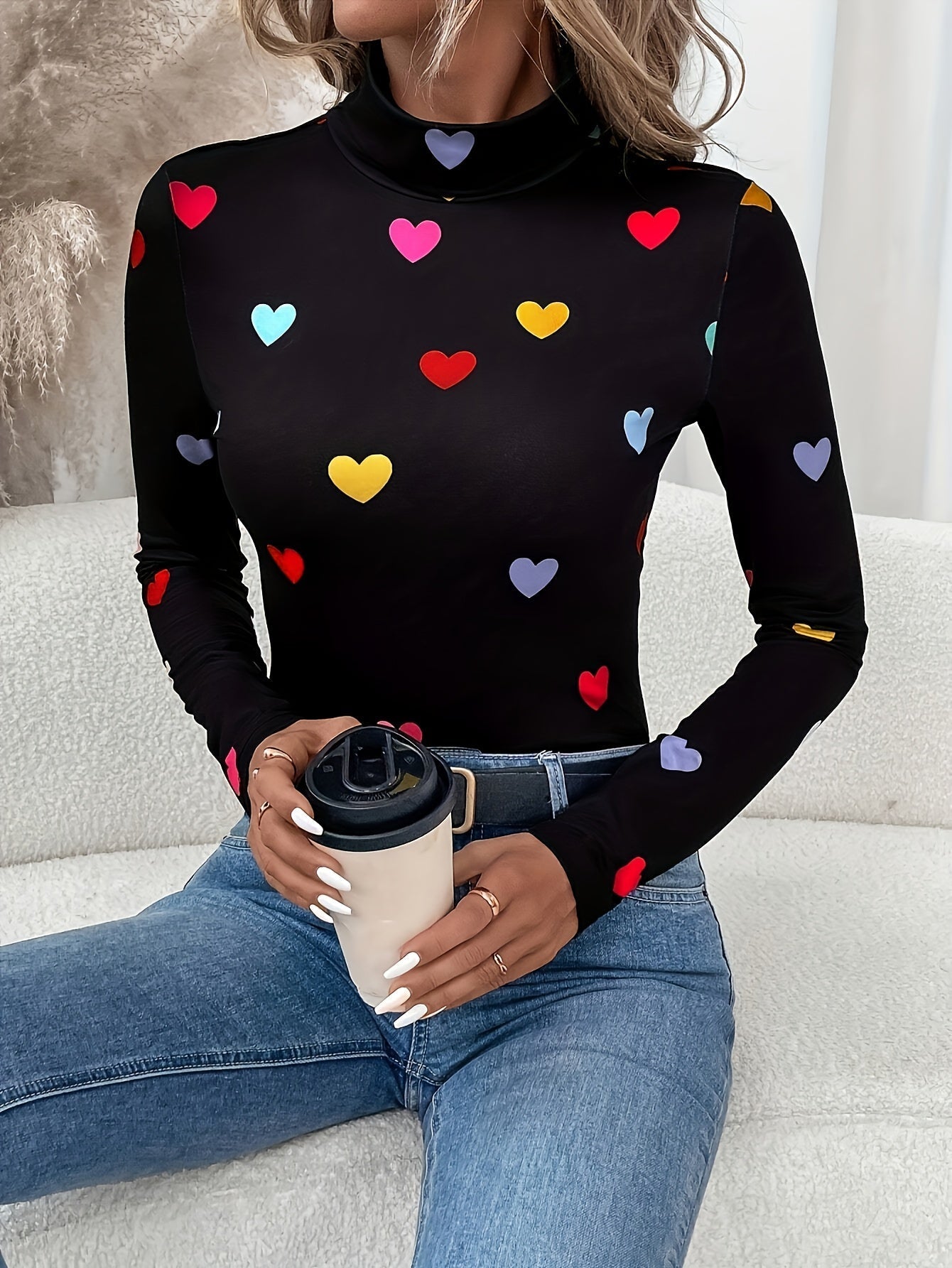 Jeanette | Stylish Long Sleeve High Neck T-Shirt with Valentine's Day Heart Print