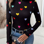 Jeanette | Stylish Long Sleeve High Neck T-Shirt with Valentine's Day Heart Print