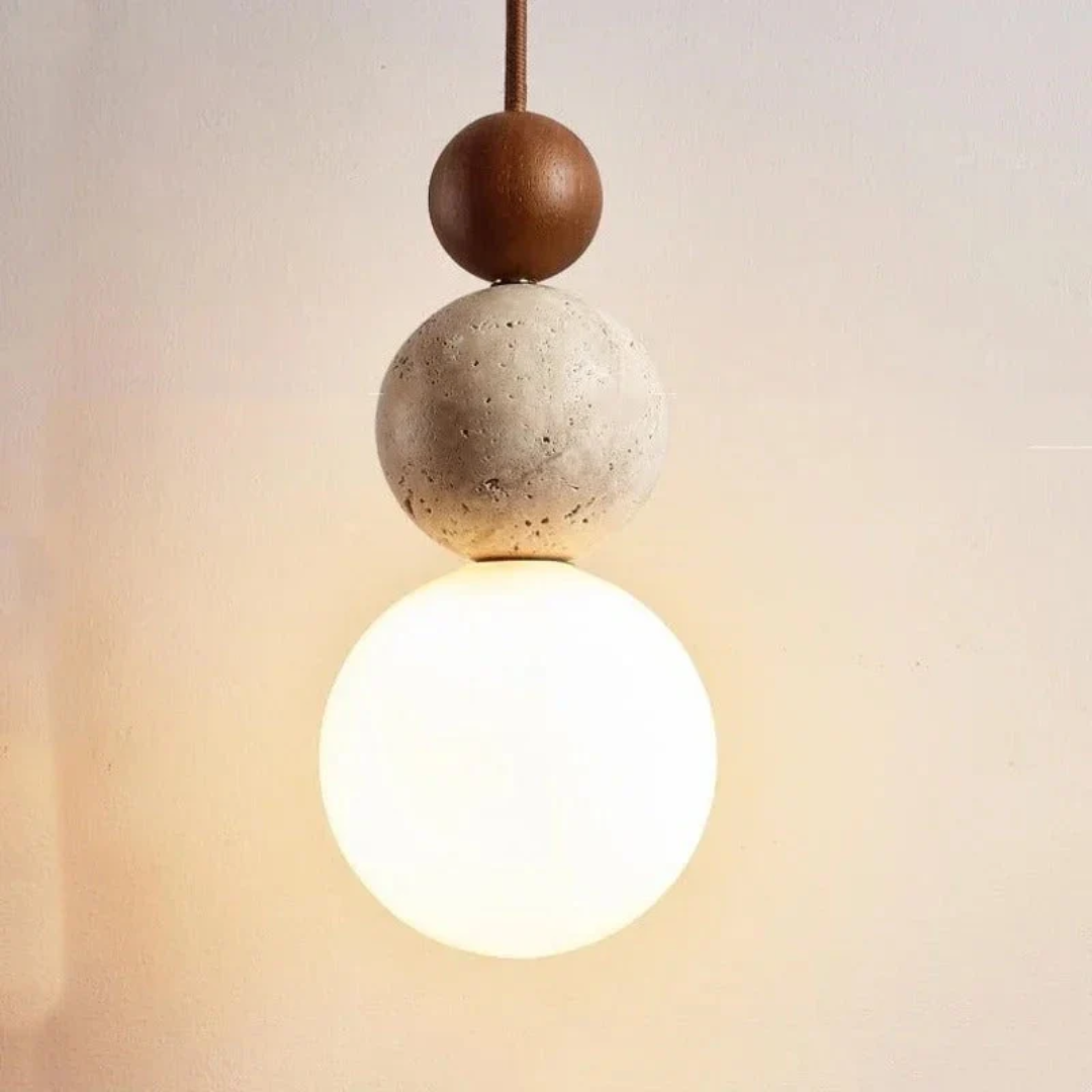 Contemporary Travertine and Mahogany Pendant Light - NaturaLuxe Collection